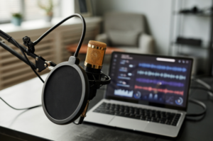 image of podcast equipment, including microphone, laptop and desk.